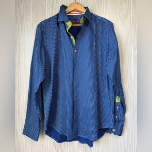Robert Graham Men’s Tailored Fit Striped Button Front Shirt XL Blue 100% Cotton